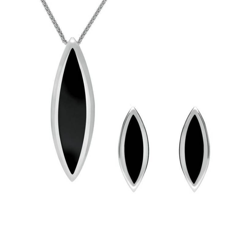 Sterling Silver Whitby Jet Toscana Long Marquise Two Piece Set