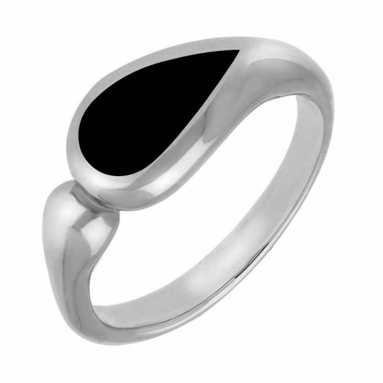 Sterling Silver Whitby Jet Toscana Offset Teardrop Ring - Silver