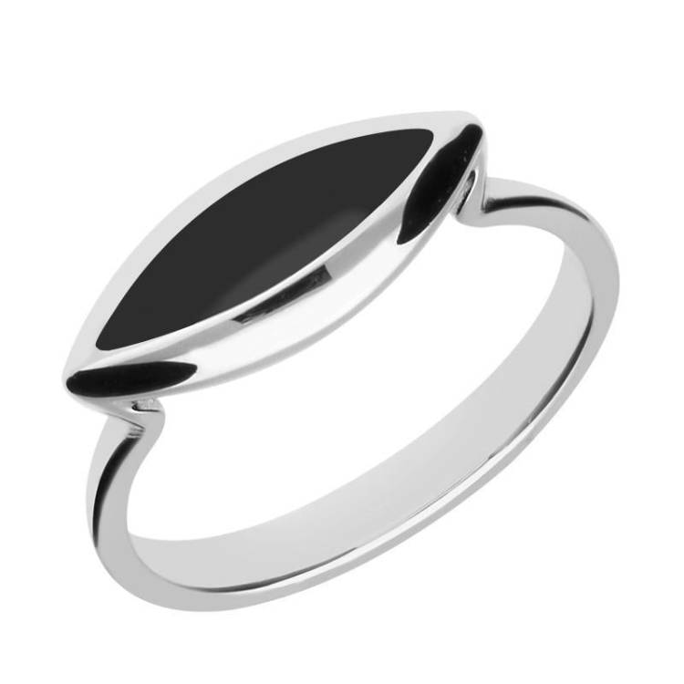 Sterling Silver Whitby Jet Toscana Side Marquise Ring - Silver
