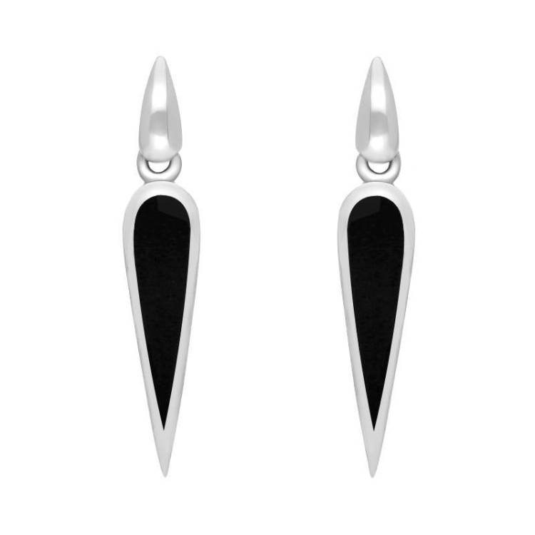 Sterling Silver Whitby Jet Toscana Slim Pear Drop Earrings - Silver