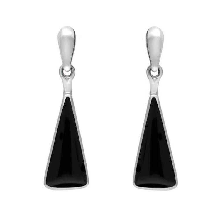 Sterling Silver Whitby Jet Triangle Drop Earrings - Silver