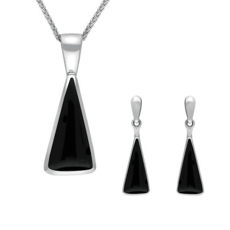 Sterling Silver Whitby Jet Triangle Drop Necklace and Earring Set