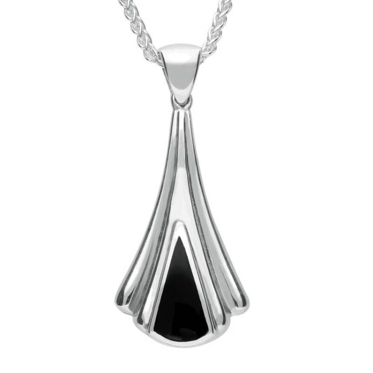 Sterling Silver Whitby Jet Triangle Fan Necklace - Silver