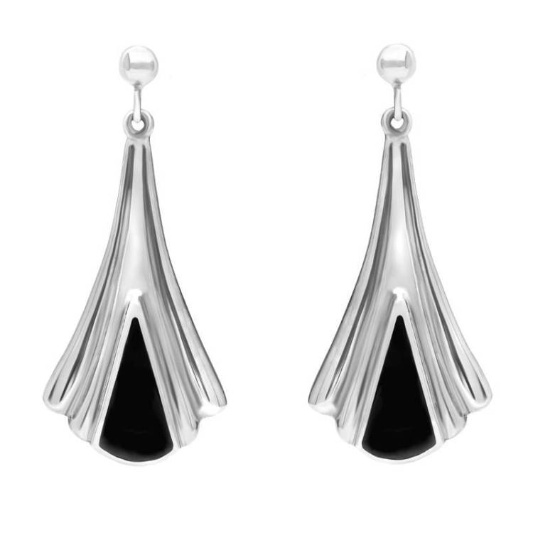 Sterling Silver Whitby Jet Fleur Triangle Drop Earrings - Silver