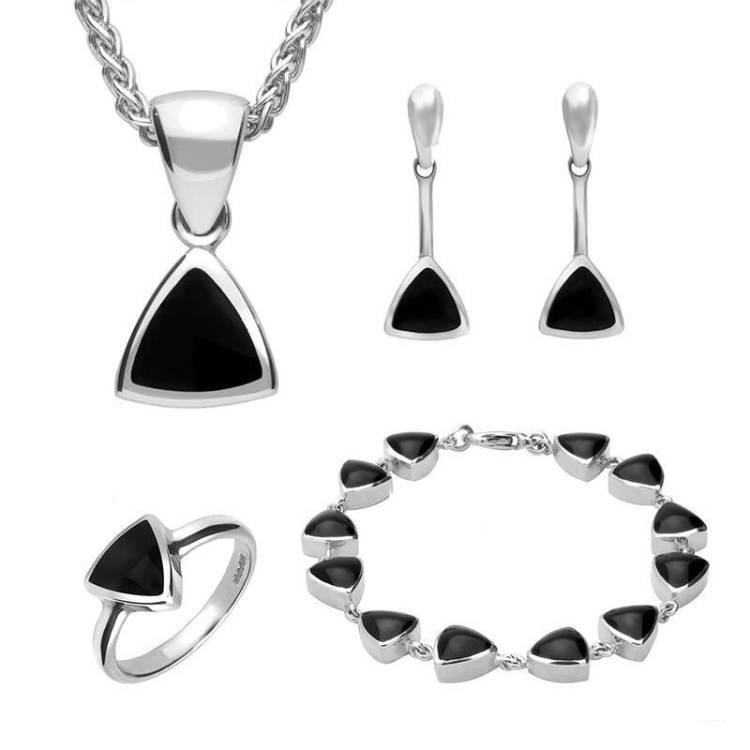 Sterling Silver Whitby Jet Triangular Four Piece Set