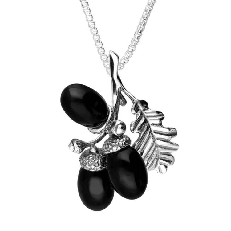 Sterling Silver Whitby Jet Triple Acorn and Leaf Necklace - Silver