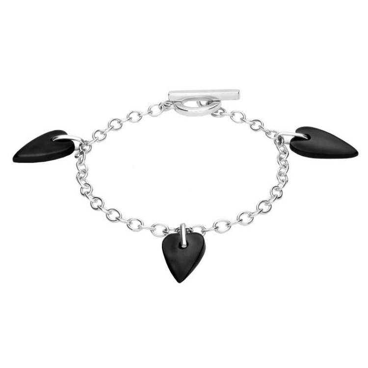 Sterling Silver Whitby Jet Triple Heart Charm T-Bar Bracelet - Option1 Value Silver