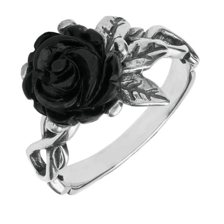 Sterling Silver Whitby Jet Tuberose 10mm Rose Leaf Twist Ring - Silver