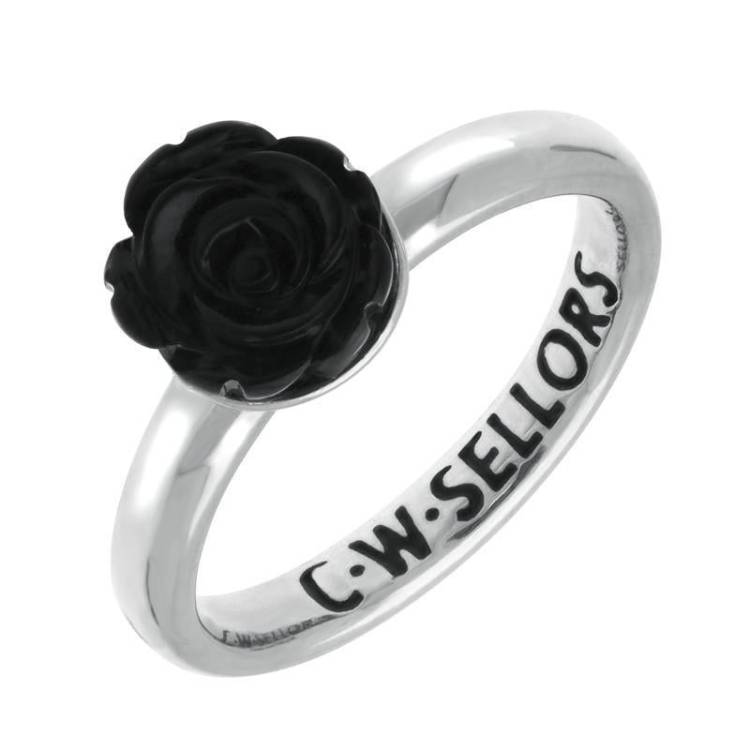 Sterling Silver Whitby Jet Tuberose 12mm Rose Ring