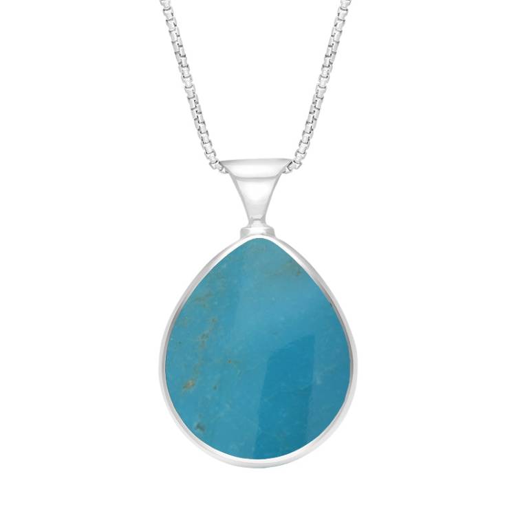 Sterling Silver Whitby Jet Turquoise King's Coronation Hallmark Double Sided Pear-shaped Necklace