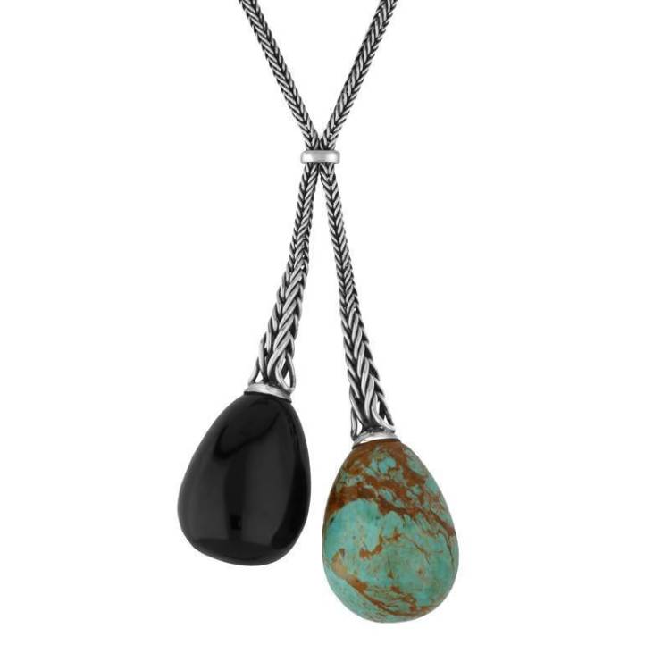 Sterling Silver Whitby Jet & Turquoise Tapered Double Dropper Necklace D - Silver