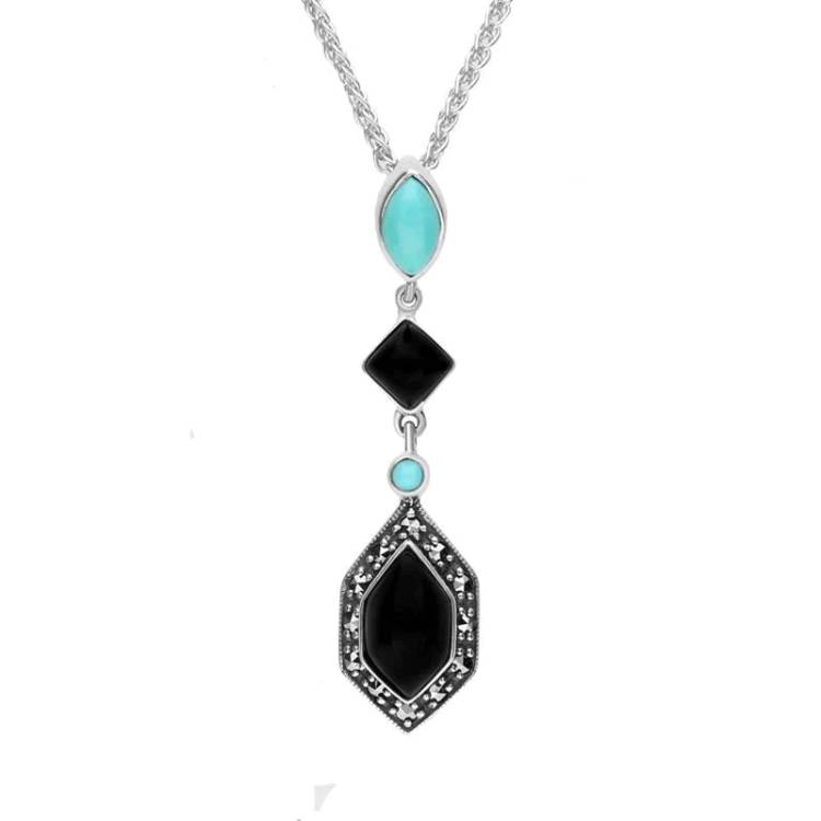 Sterling Silver Whitby Jet Turquoise and Marcasite Framed Necklace - Silver
