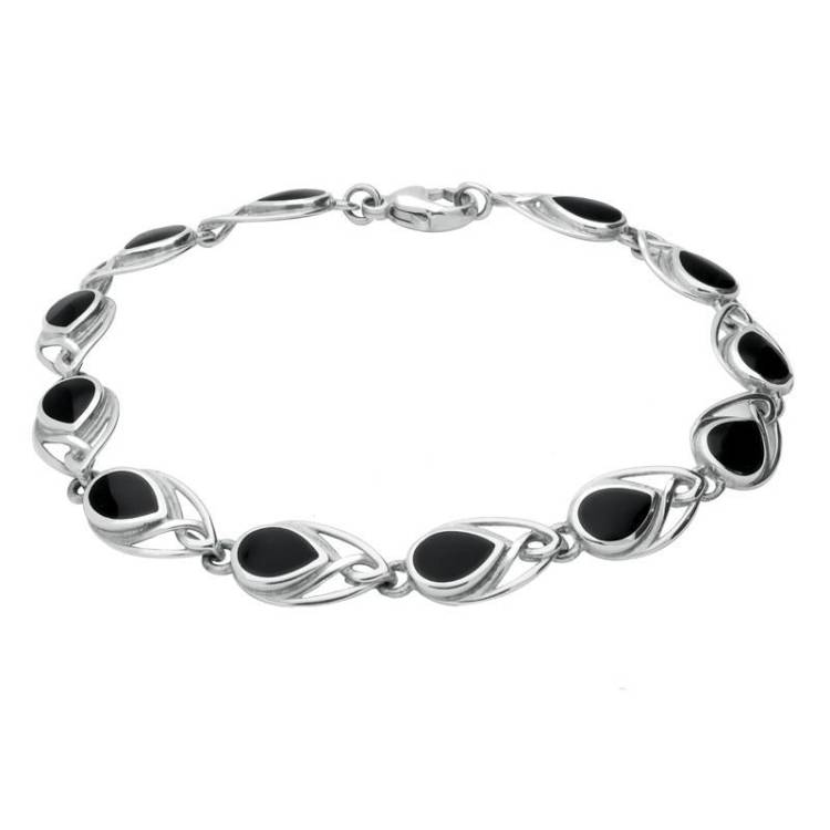Sterling Silver Whitby Jet Celtic Twelve Stone Pear Bracelet - Option1 Value Silver