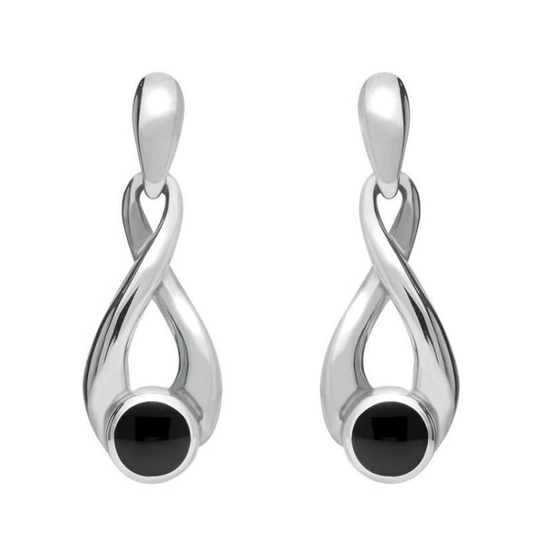 Sterling Silver Whitby Jet Eternity Loop Drop Earrings - Silver