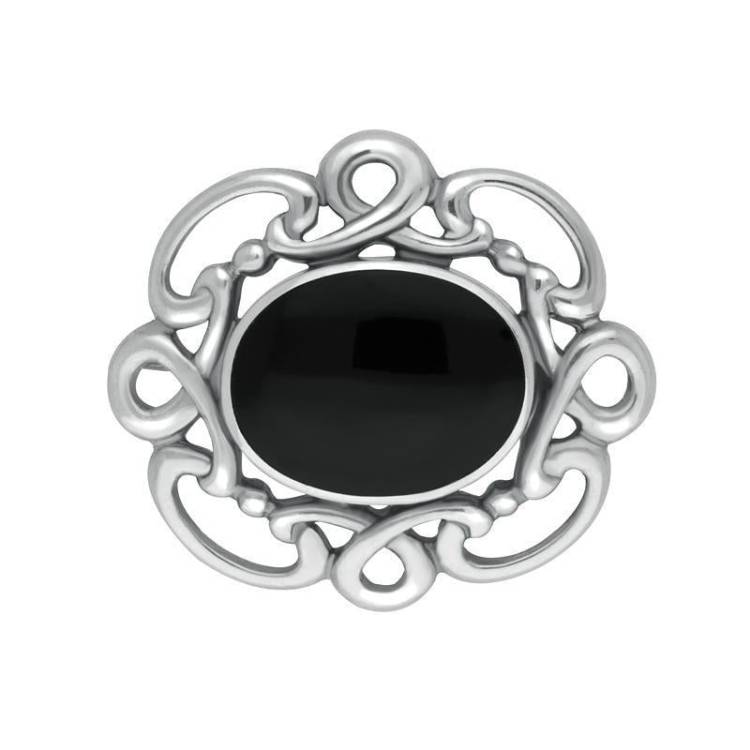 Sterling Silver Whitby Jet Twisted Rope Edge Brooch - Silver