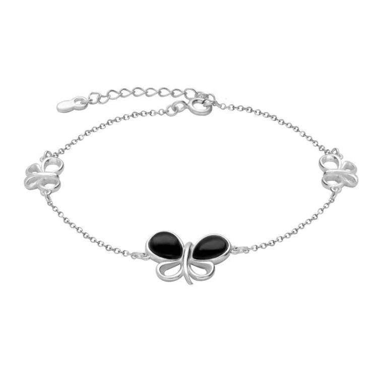 Sterling Silver Whitby Jet Two Stone Butterfly Bracelet