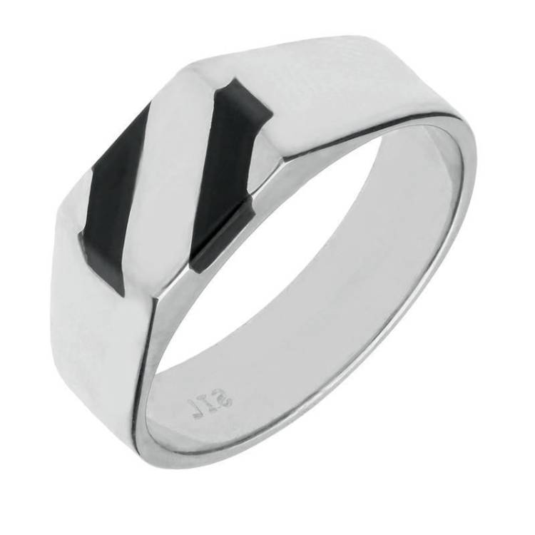 Sterling Silver Whitby Jet Two Stone Slither Signet Ring - Silver