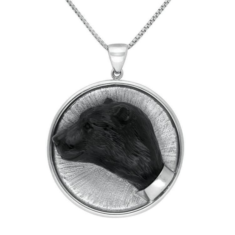 Sterling Silver Whitby Jet Unique Bear Head Disc Necklace - Silver