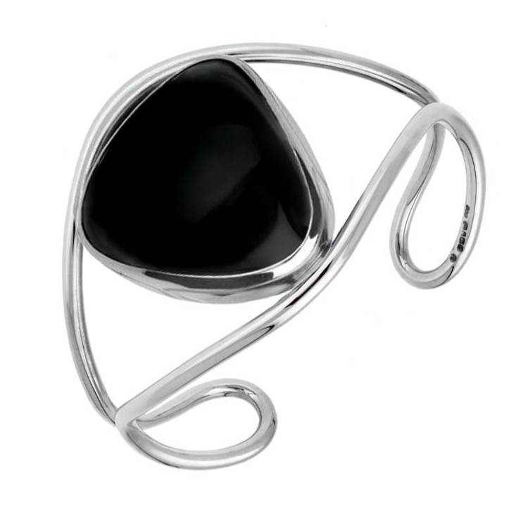 Sterling Silver Whitby Jet Unique Cuff Bangle - Silver