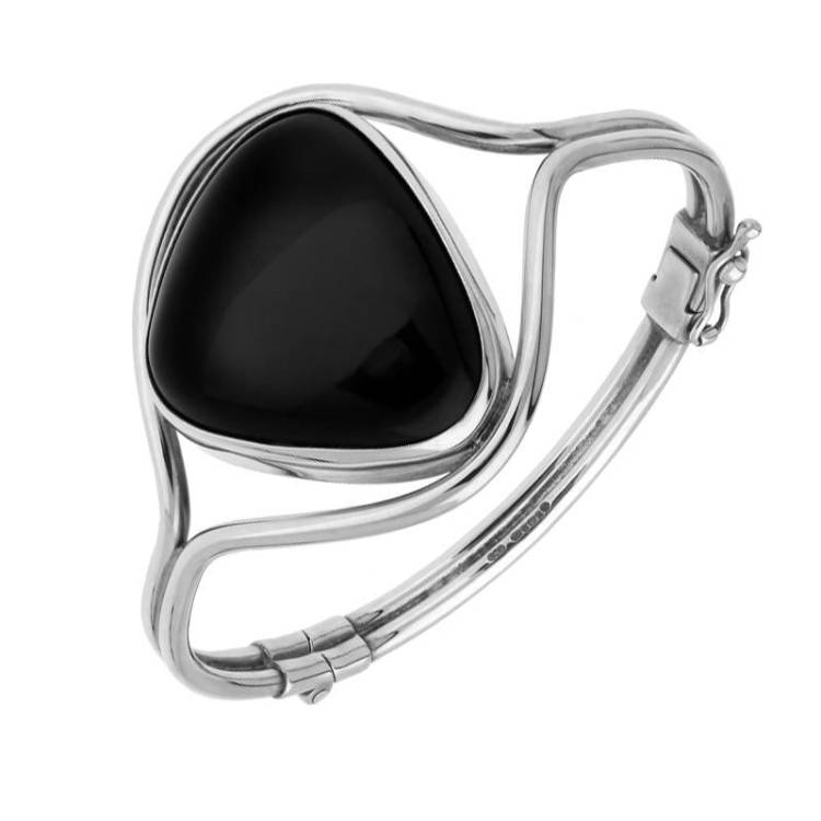Sterling Silver Whitby Jet Unique Style Hinged Bangle - Option1 Value Silver