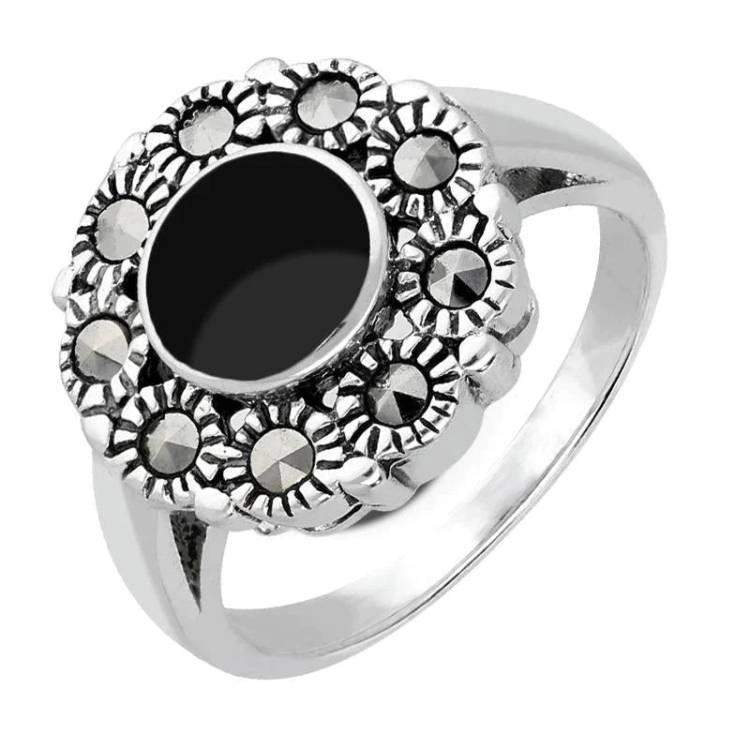 Sterling Silver Whitby Jet Vintage Round Centre Marcasite Ring - Silver