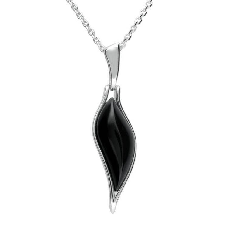 Sterling Silver Whitby Jet Wavy Marquise Drop Necklace - Silver