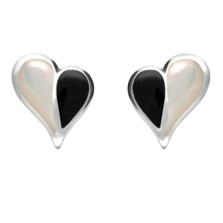 Sterling Silver Whitby Jet Mother of Pearl Split Heart Stud Earrings - Silver