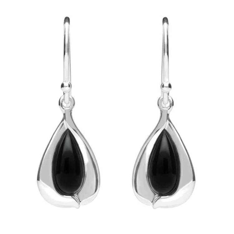 Sterling Silver Whitby Jet Wide Edge Pear Hook Earrings - Silver