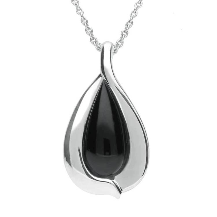 Sterling Silver Whitby Jet Wide Edge Pear Necklace - Silver