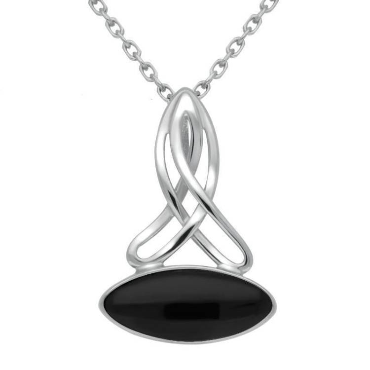 Sterling Silver Whitby Jet Wide Marquise Celtic Necklace - Option1 Value Silver