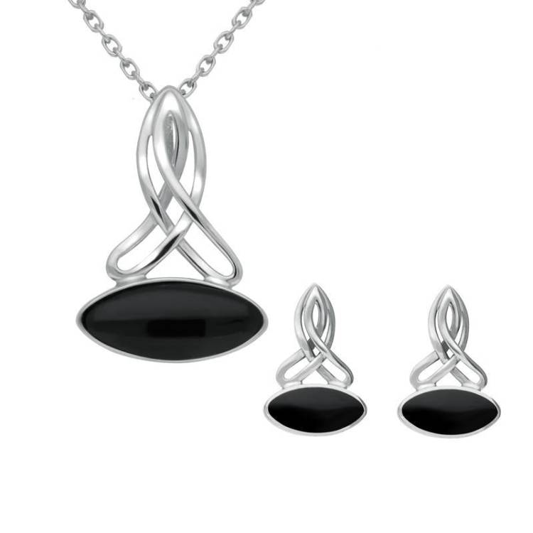 Sterling Silver Whitby Jet Wide Marquise Celtic Two Piece Set - Silver