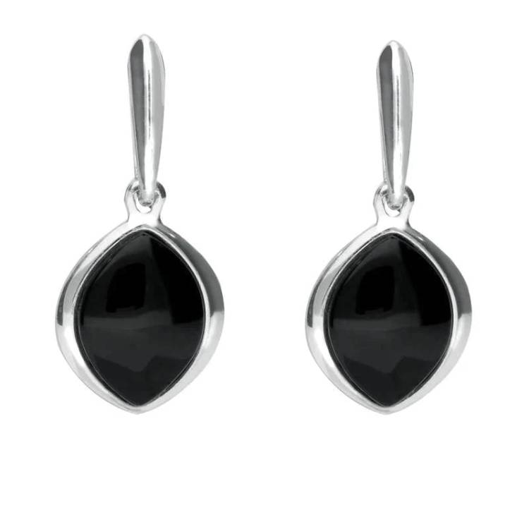 Sterling Silver Whitby Jet Wide Marquise Drop Earrings - Silver