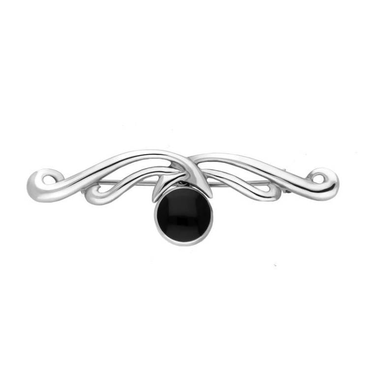 Sterling Silver Whitby Jet Willow Drop Bar Brooch - Silver