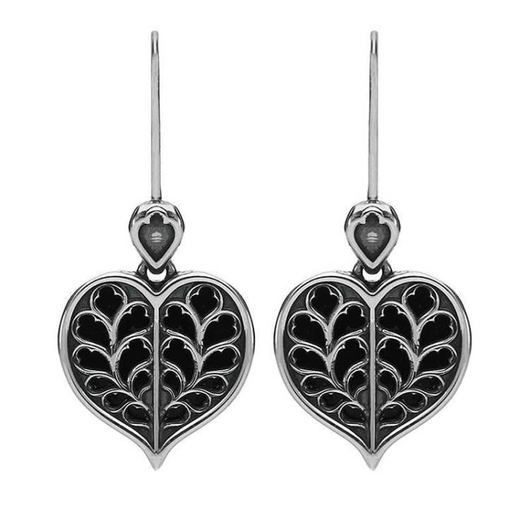 Sterling Silver Whitby Jet York Minster Heart Hook Earrings - Silver