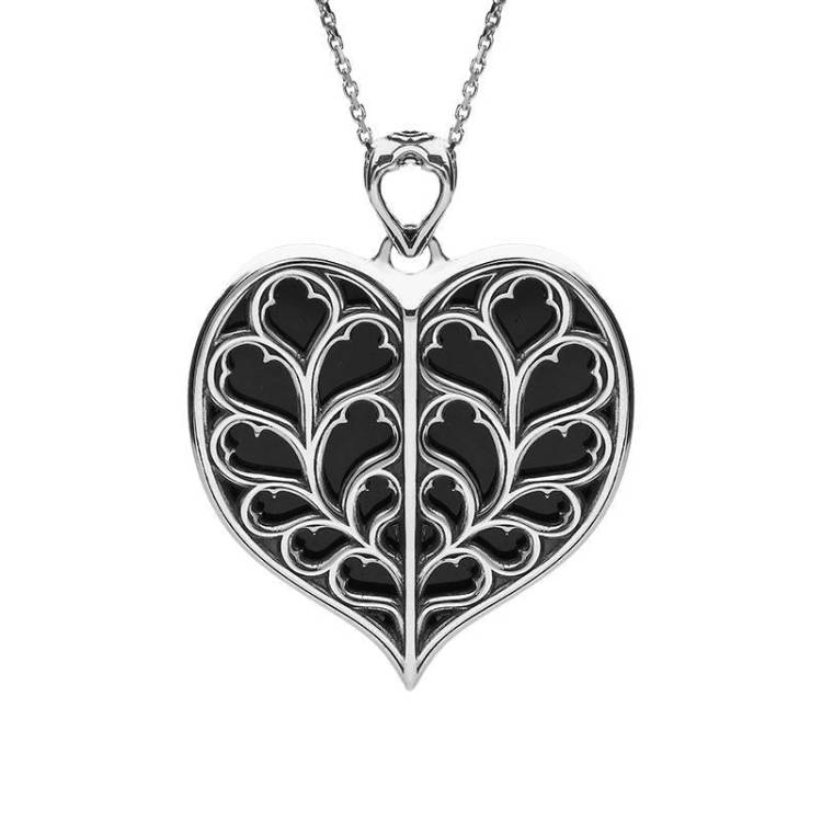 Sterling Silver Whitby Jet York Minster Medium Heart Necklace - Silver