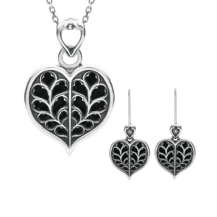 Sterling Silver Whitby Jet York Minster Small Heart Two Piece Set - Silver