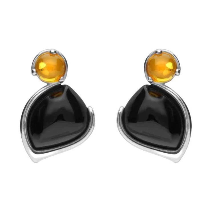 Sterling Silver Whitby Jet and Amber Two Stone Pear Drop Stud Earrings - Silver