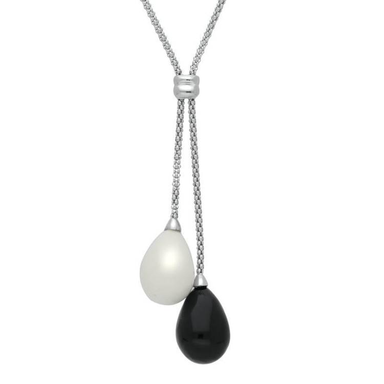 Sterling Silver Whitby Jet and Bauxite Two Stone Drop Necklace - Silver
