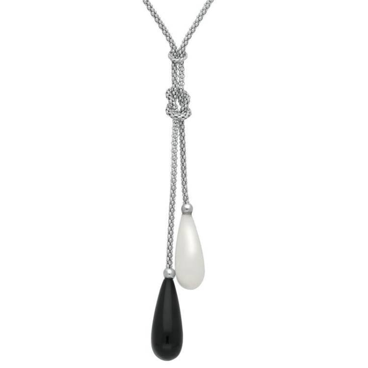 Sterling Silver Whitby Jet and Bauxite 2 Stone Knot Drop Necklace - Silver
