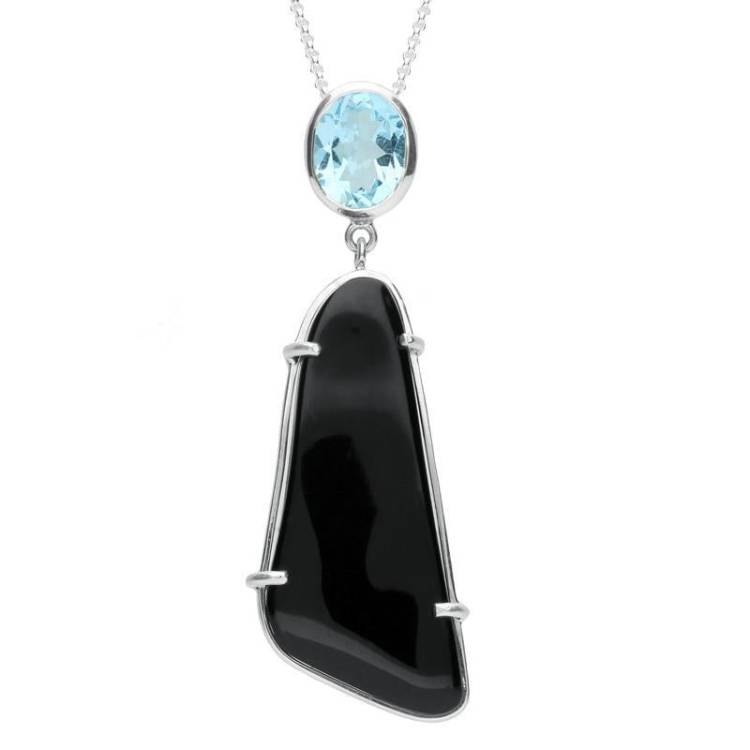 Sterling Silver Whitby Jet and Blue Topaz Abstract Oblong Necklace - Silver