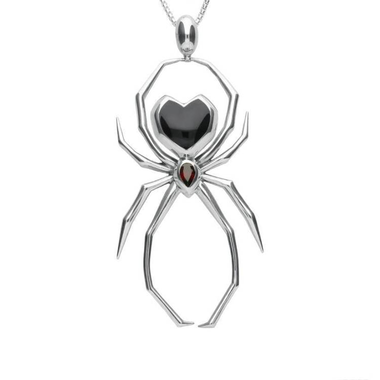 Sterling Silver Whitby Jet and Garnet 100mm Spider Egg Bail Pendant - Silver