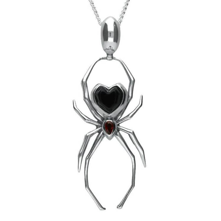 Sterling Silver Whitby Jet & Garnet 55mm Spider Egg Bail Necklace - Silver