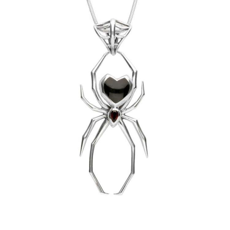 Sterling Silver Whitby Jet and Garnet 55mm Spider Web Bail Necklace - Silver