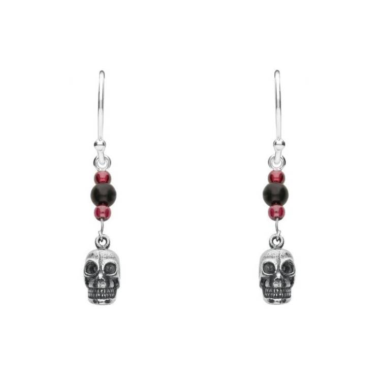 Sterling Silver Whitby Jet and Garnet Mini Skull 3 Stone Drop Earrings - Silver