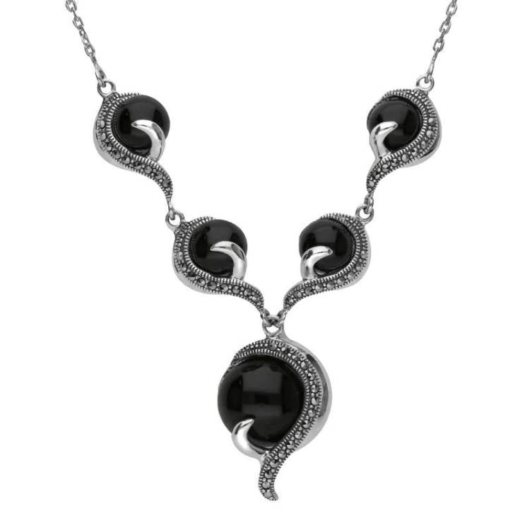 Sterling Silver Whitby Jet and Marcasite 5 Stone Swirl Necklace - Silver