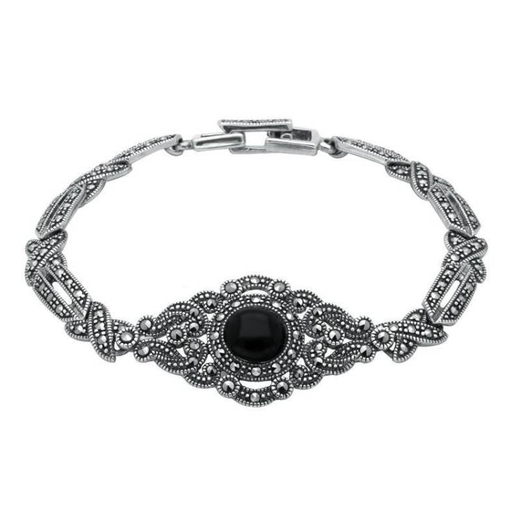 Sterling Silver Whitby Jet and Marcasite Fancy Tapered Bracelet - Silver