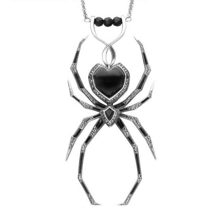 Sterling Silver Whitby Jet and Marcasite Gothic Spider Necklace - Silver