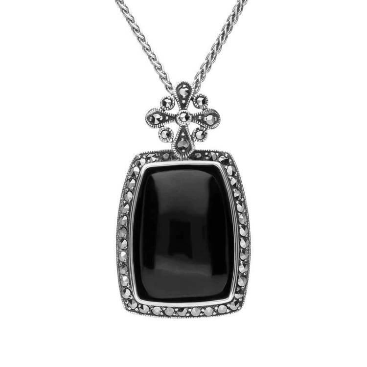 Sterling Silver Whitby Jet Marcasite Large Framed Oblong Necklace - Silver