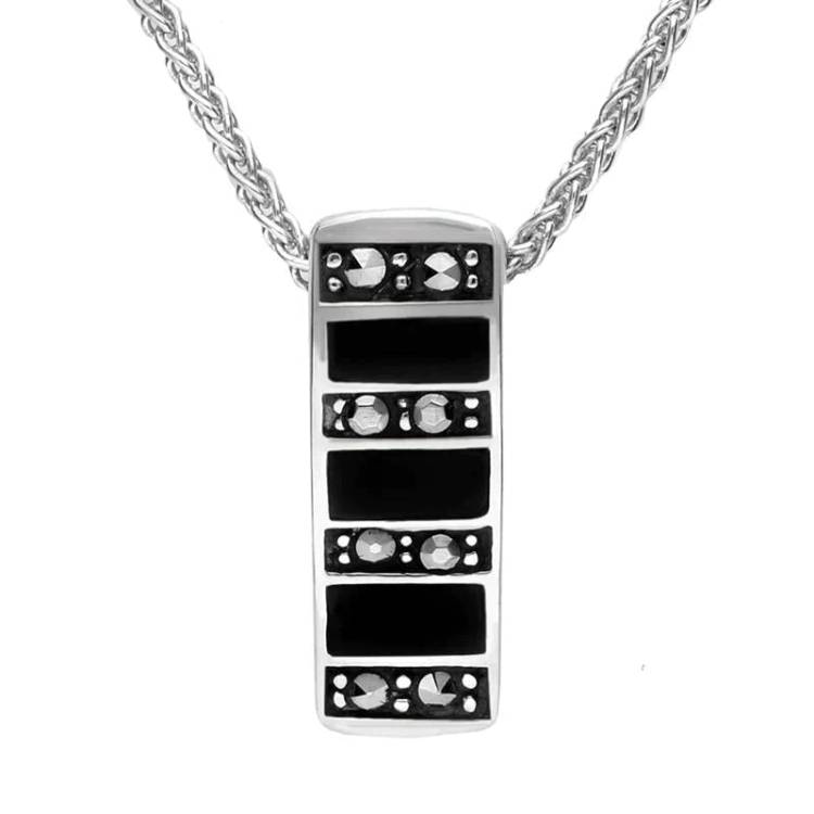 Sterling Silver Whitby Jet Marcasite Seven Row Small Oblong Necklace - Silver