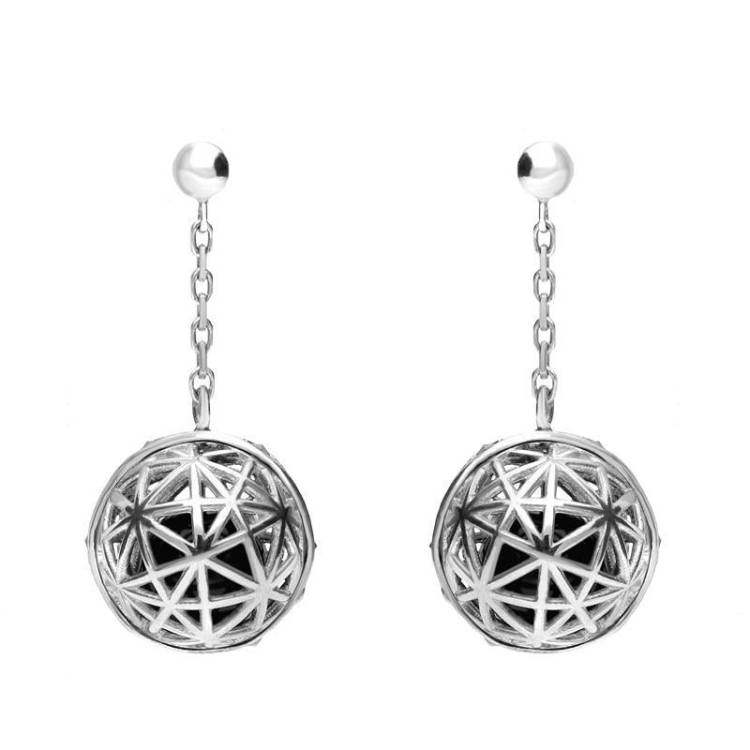 Sterling Silver Whitby Jet and Marcasite Sphere Cage Drop Earrings - Silver